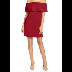 Charles Henry Off The Shoulder Mini Ruffle Sheath Dress Red Crepe- L